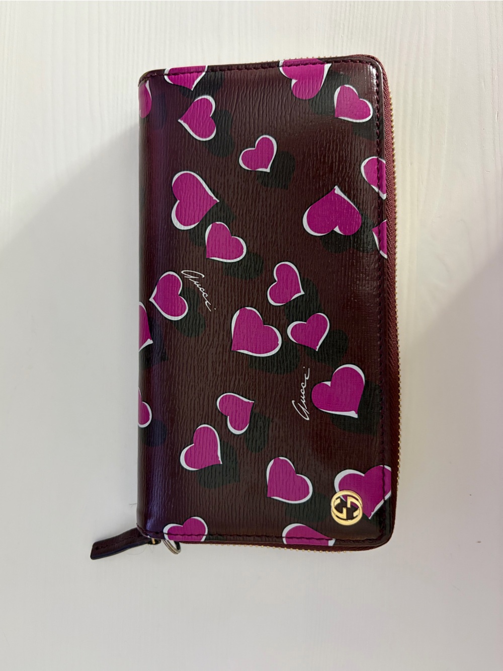 Gucci Burgundy Zip Wallet with Pink Heart Motif